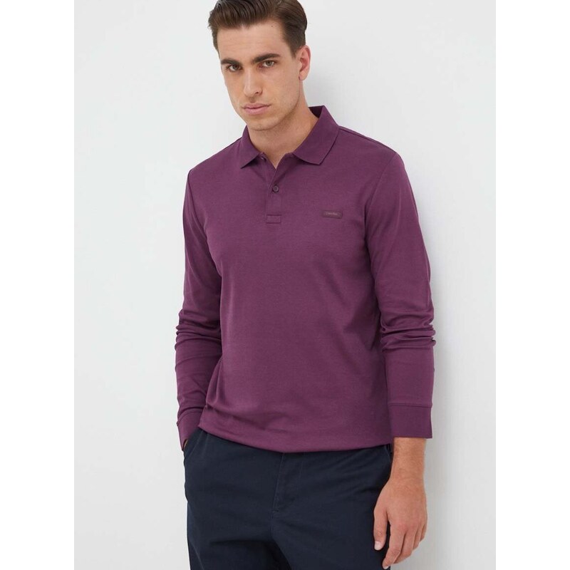 Bavlněné tričko s dlouhým rukávem Calvin Klein fialová barva