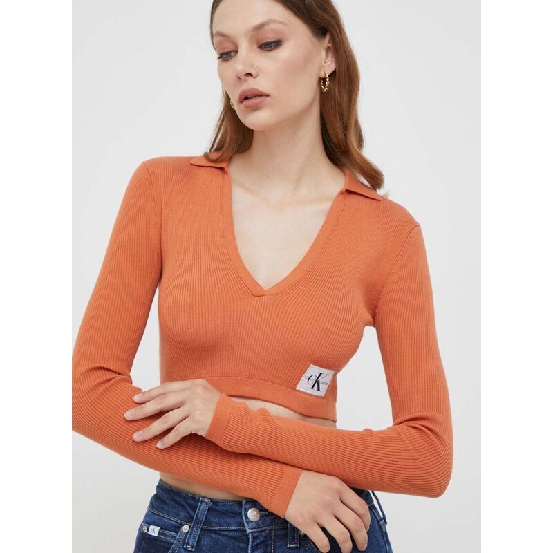 Tričko s dlouhým rukávem Calvin Klein Jeans oranžová barva