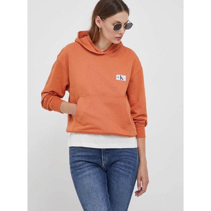 Bavlněná mikina Calvin Klein Jeans dámská, oranžová barva, s kapucí, s aplikací