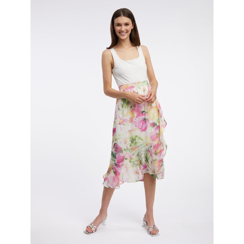 Růžovo-bílá dámská květovaná midi sukně ORSAY - Dámské