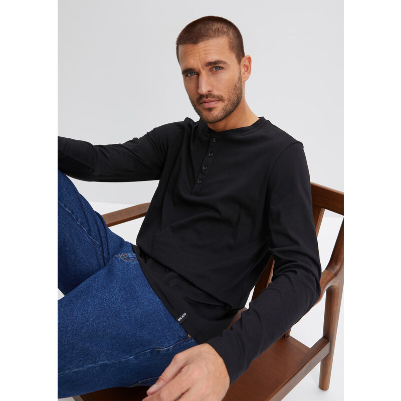 bonprix Henley tričko z čisté bavlny (2 ks v balení) černá Muž