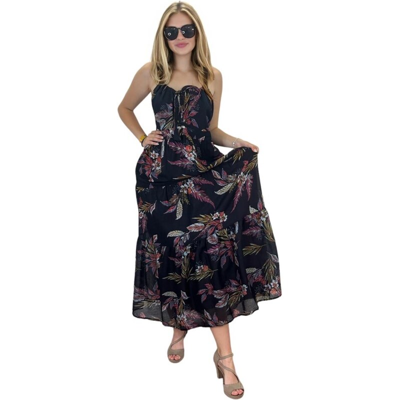 Letní šaty na ramínka s nabíranou sukní 2331069-1 - černé