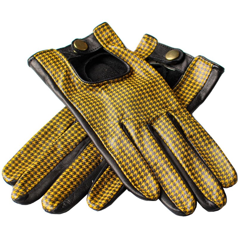 BOHEMIA GLOVES Luxusní dámské žluto-černé rukavice s kohoutí stopou a zlatým drukem