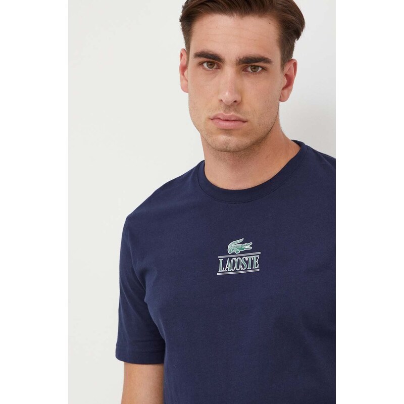 Bavlněné tričko Lacoste tmavomodrá barva, s potiskem