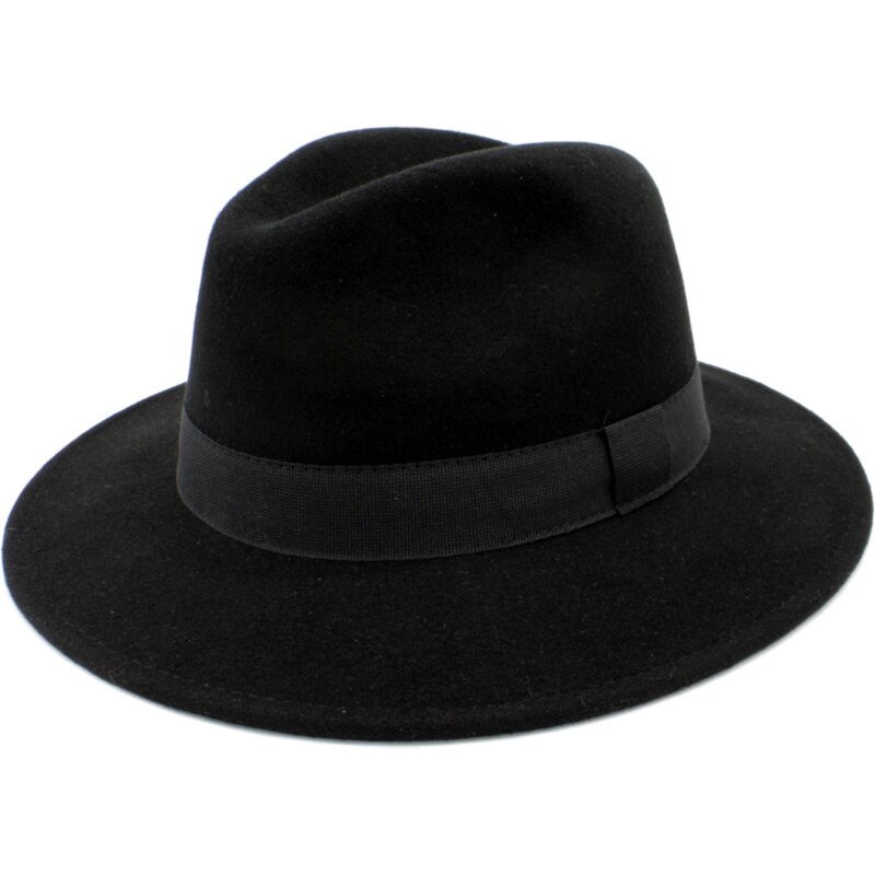 Fiebig Černý klobouk plstěný s kašmírem - černý s černou stuhou - klopená krempa
