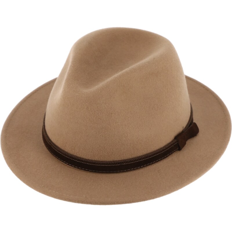 Cestovní voděodolný klobouk vlněný od Fiebig s menší krempou - béžový s koženou stuhou