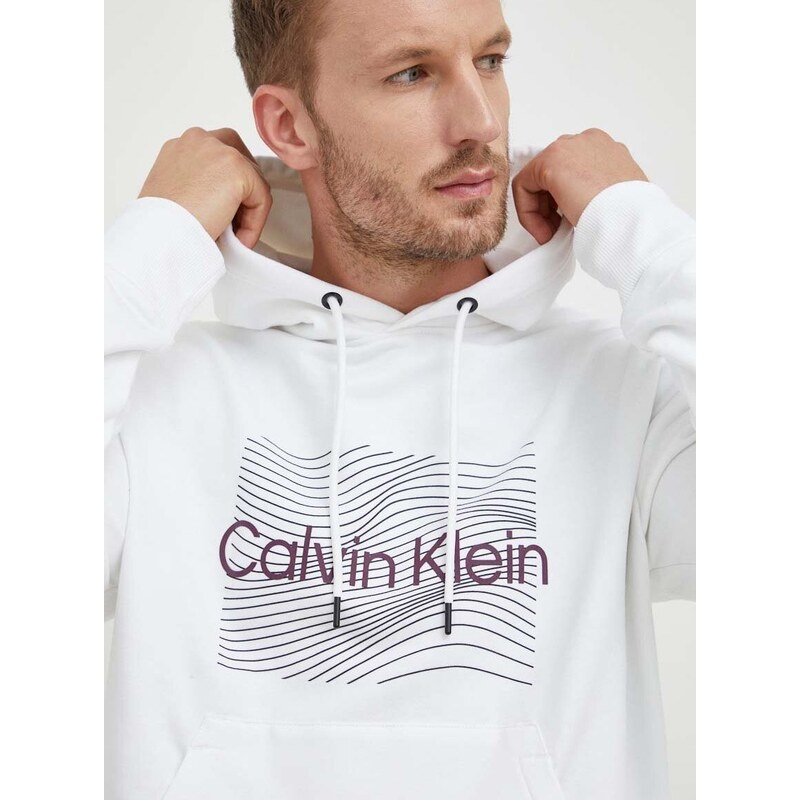 Bavlněná mikina Calvin Klein pánská, bílá barva, s kapucí, s potiskem