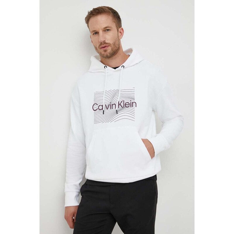 Bavlněná mikina Calvin Klein pánská, bílá barva, s kapucí, s potiskem