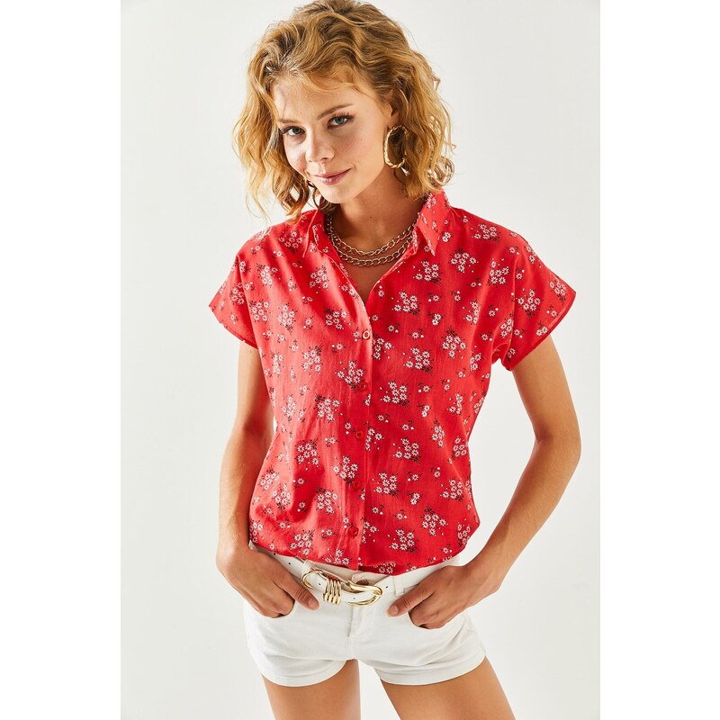 Olalook Women's Red Floral Print Linen Bat Shirt