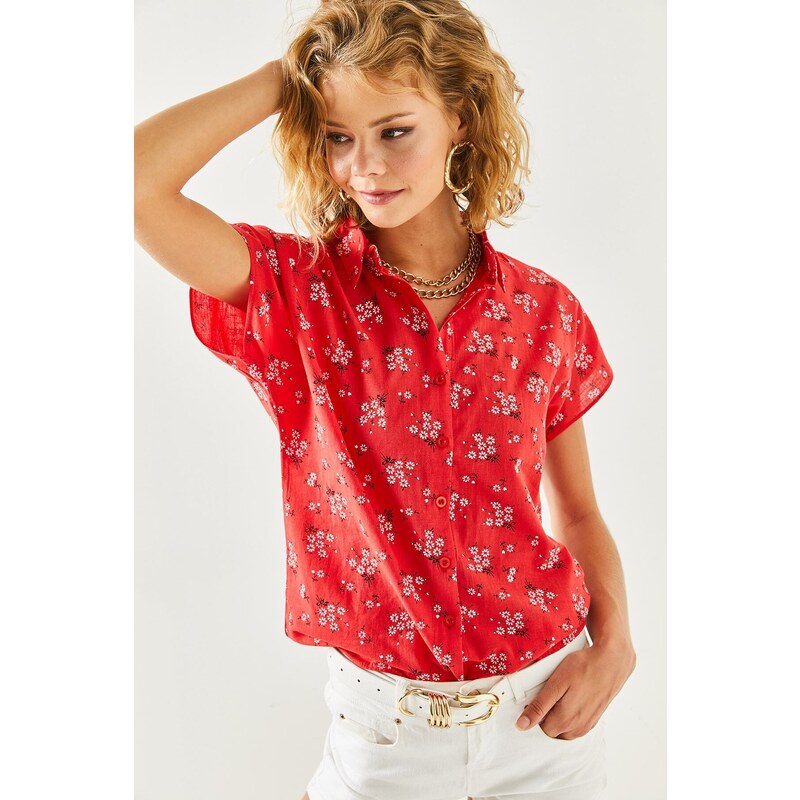 Olalook Women's Red Floral Print Linen Bat Shirt