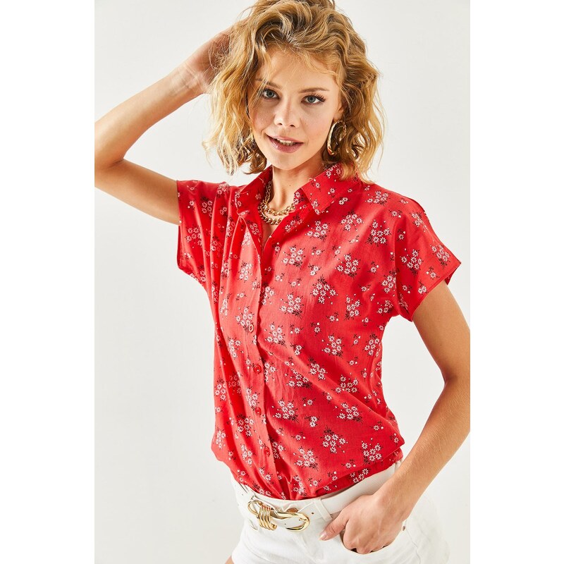 Olalook Women's Red Floral Print Linen Bat Shirt