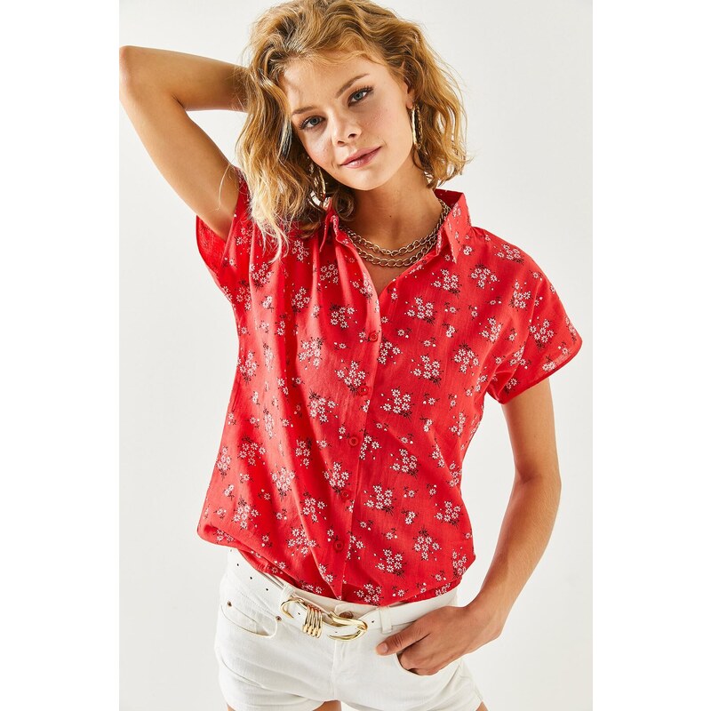 Olalook Women's Red Floral Print Linen Bat Shirt