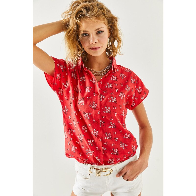 Olalook Women's Red Floral Print Linen Bat Shirt