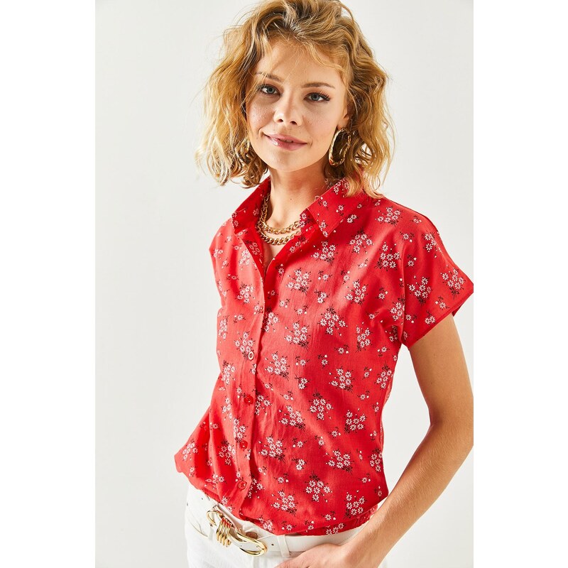 Olalook Women's Red Floral Print Linen Bat Shirt