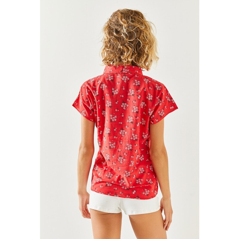 Olalook Women's Red Floral Print Linen Bat Shirt