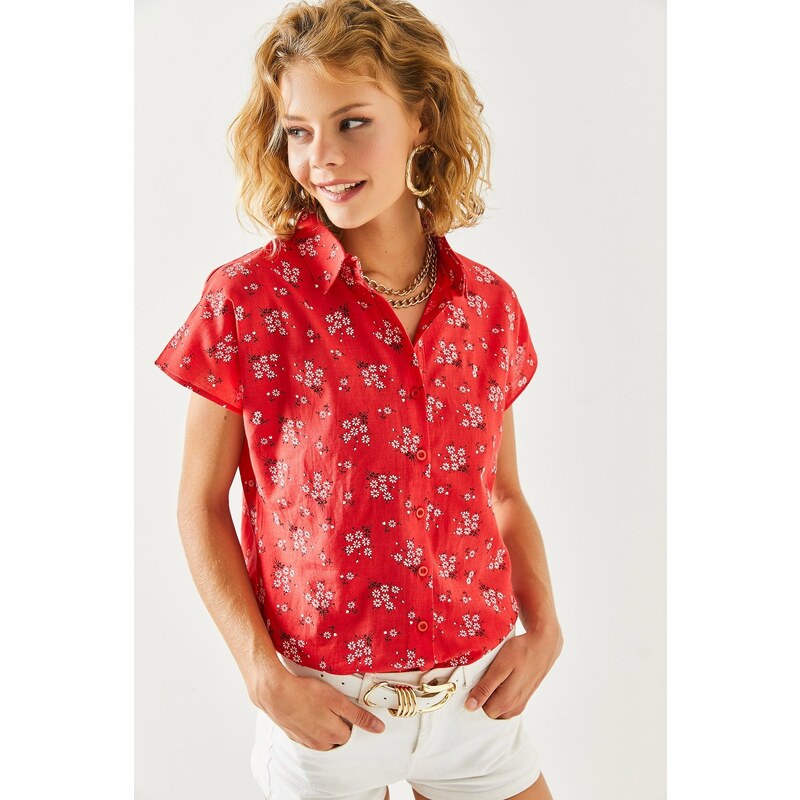 Olalook Women's Red Floral Print Linen Bat Shirt