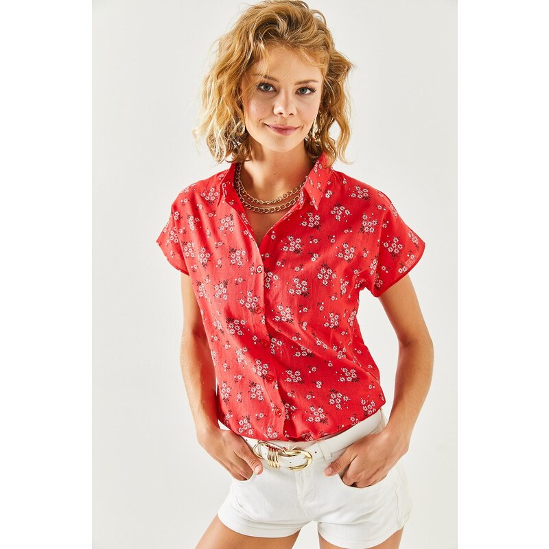 Olalook Women's Red Floral Print Linen Bat Shirt