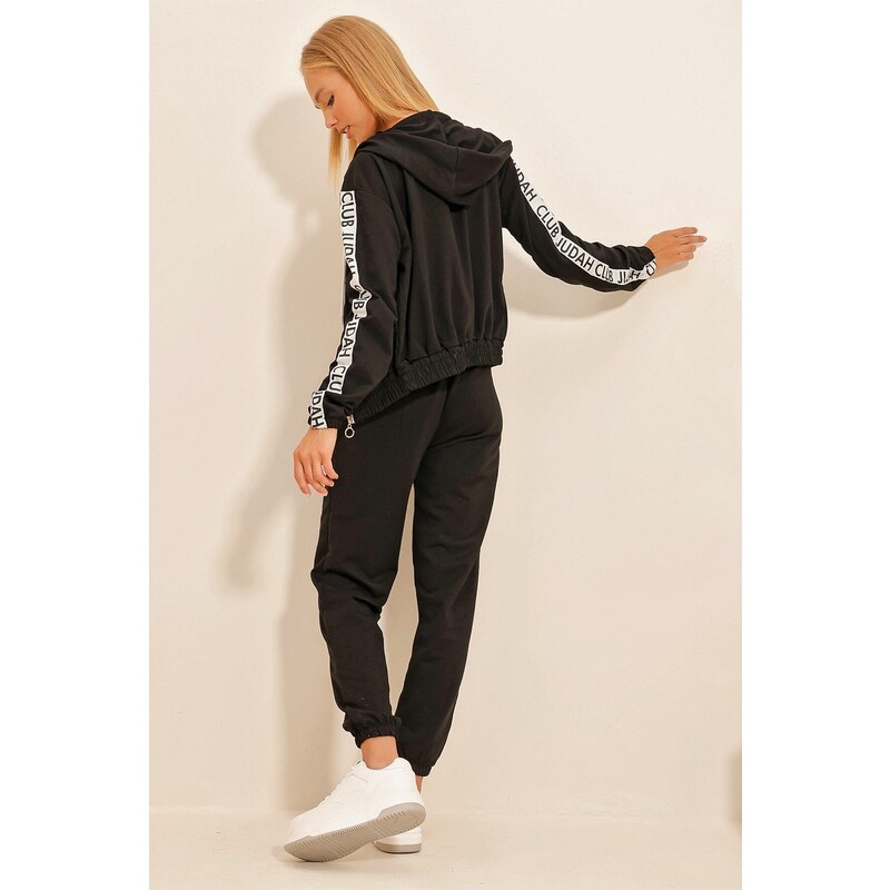 Trend Alaçatı Stili Women's Black Striped Triple Tracksuit Set