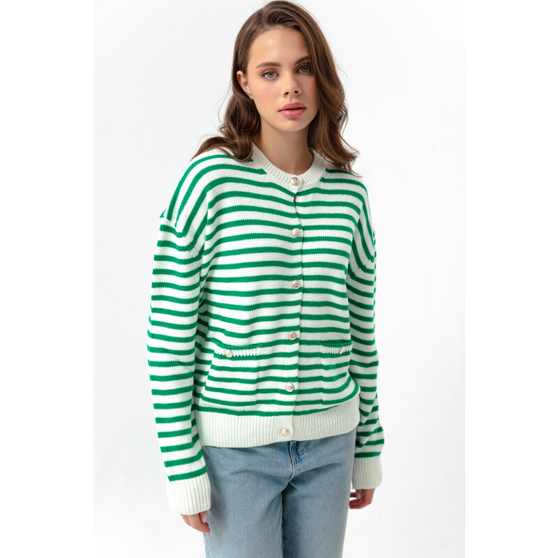 Lafaba Women's Green Gold Buttons Striped Knitwear Cardigan