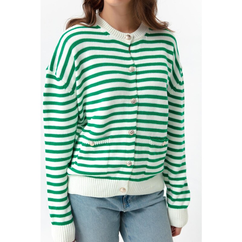 Lafaba Women's Green Gold Buttons Striped Knitwear Cardigan