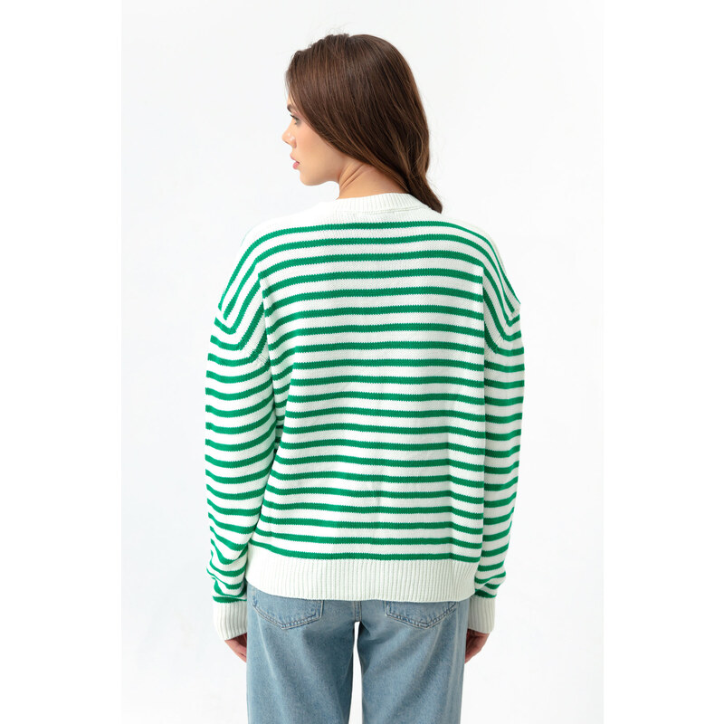 Lafaba Women's Green Gold Buttons Striped Knitwear Cardigan