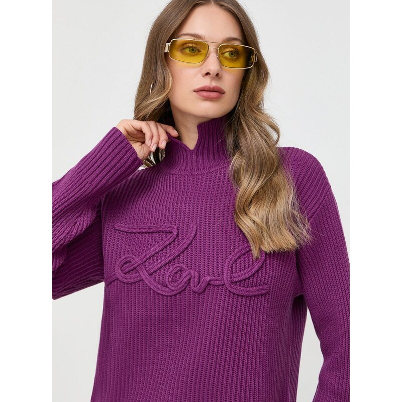 Vlněný svetr Karl Lagerfeld dámský, fialová barva, s golfem