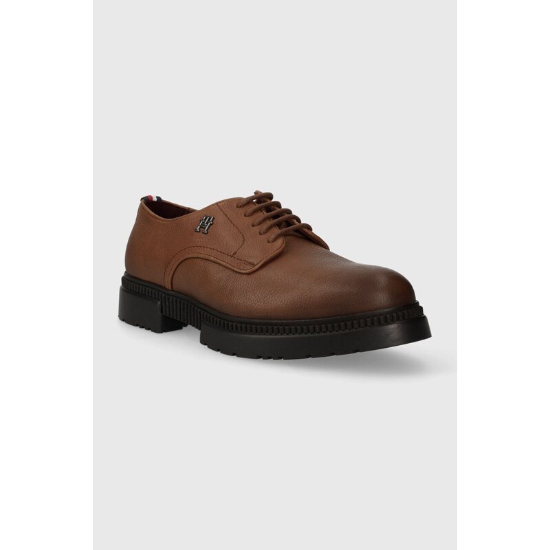 Kožené polobotky Tommy Hilfiger COMFORT CLEATED THERMO LTH SHOE pánské, hnědá barva, FM0FM04647