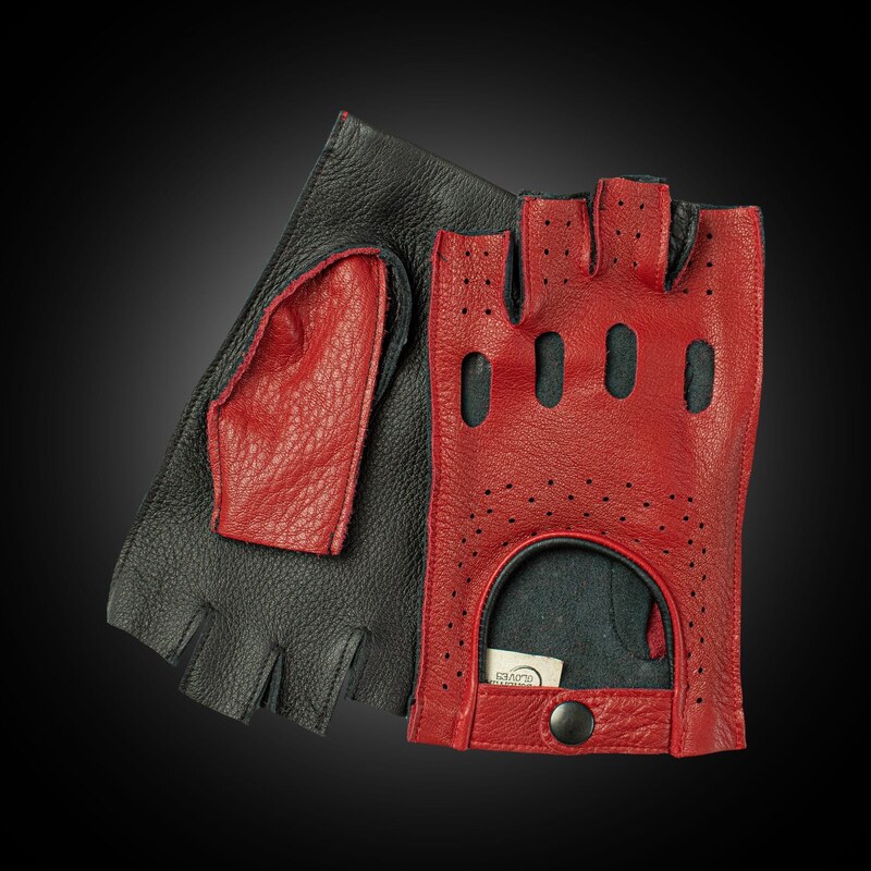 BOHEMIA GLOVES Červeno-černé bezprstové kožené rukavice na řízení z amerického jelena