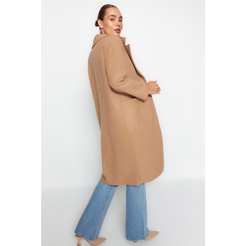 Trendyol Beige Oversize široký střih dlouhý vlněný kabát