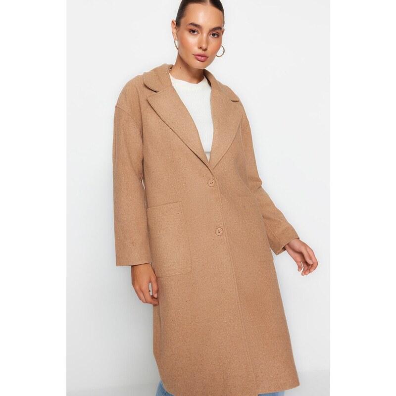 Trendyol Beige Oversize široký střih dlouhý vlněný kabát