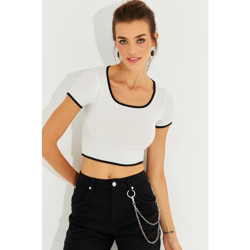 Cool & Sexy Women's White Piped Crop Top