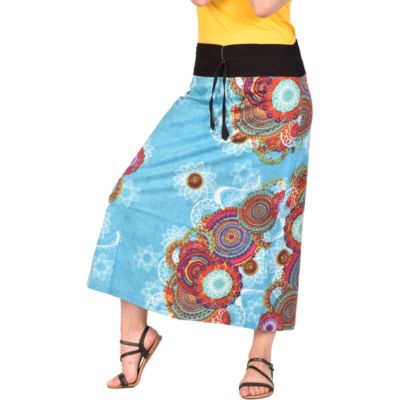 Dlouhá modrá sukně s barevným potiskem, elastický pas a šňůrka L/XL , Modrá , Nepál , 100%bavlna