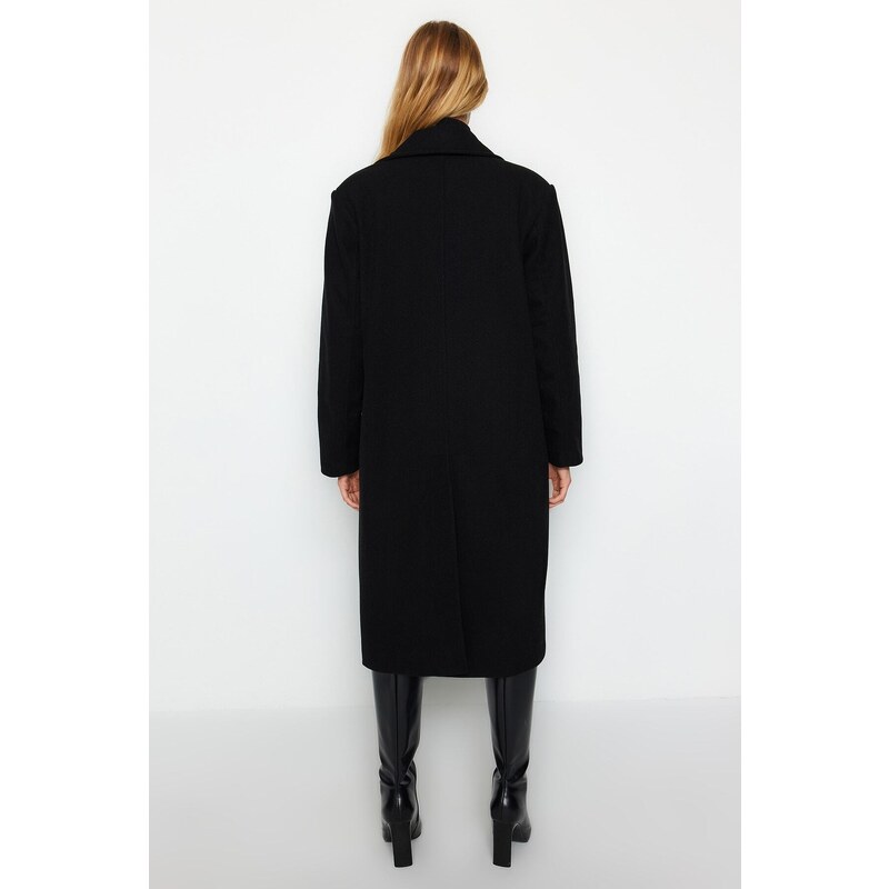 Trendyol Black Oversize Wide Cut Gold Button Detailní dlouhý razítkovaný kabát