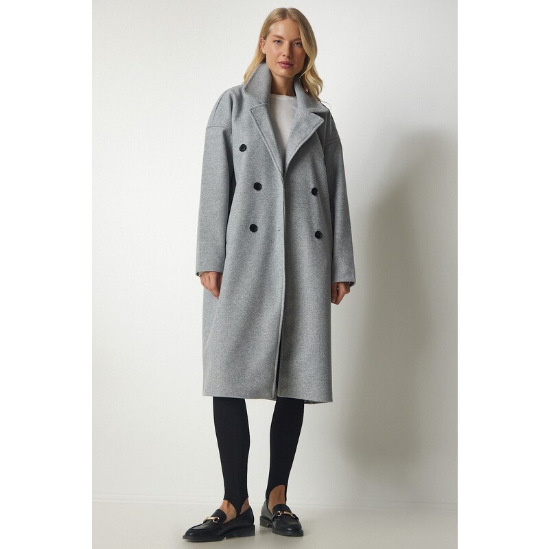 Happiness İstanbul Women Gray Double Breasted Neck Oversize Cachet Coat