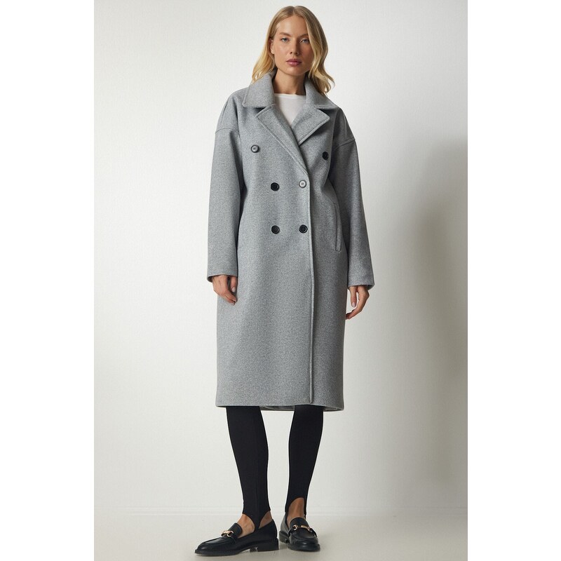 Happiness İstanbul Women Gray Double Breasted Neck Oversize Cachet Coat