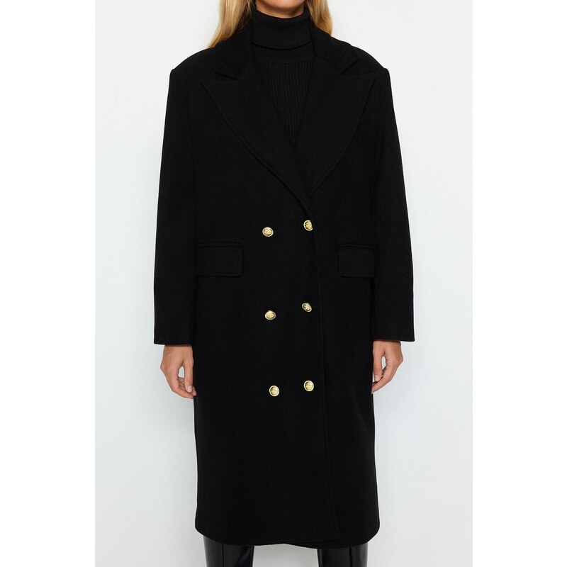 Trendyol Black Oversize Wide Cut Gold Button Detailní dlouhý razítkovaný kabát