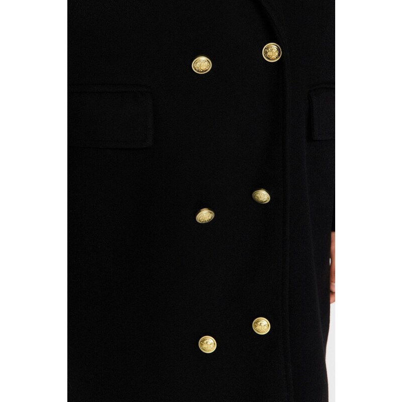 Trendyol Black Oversize Wide Cut Gold Button Detailní dlouhý razítkovaný kabát