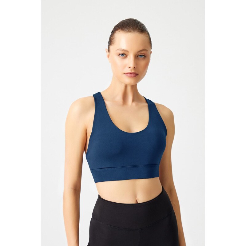 LOS OJOS Navy Blue Supported Back Detailed Covered Sports Bra