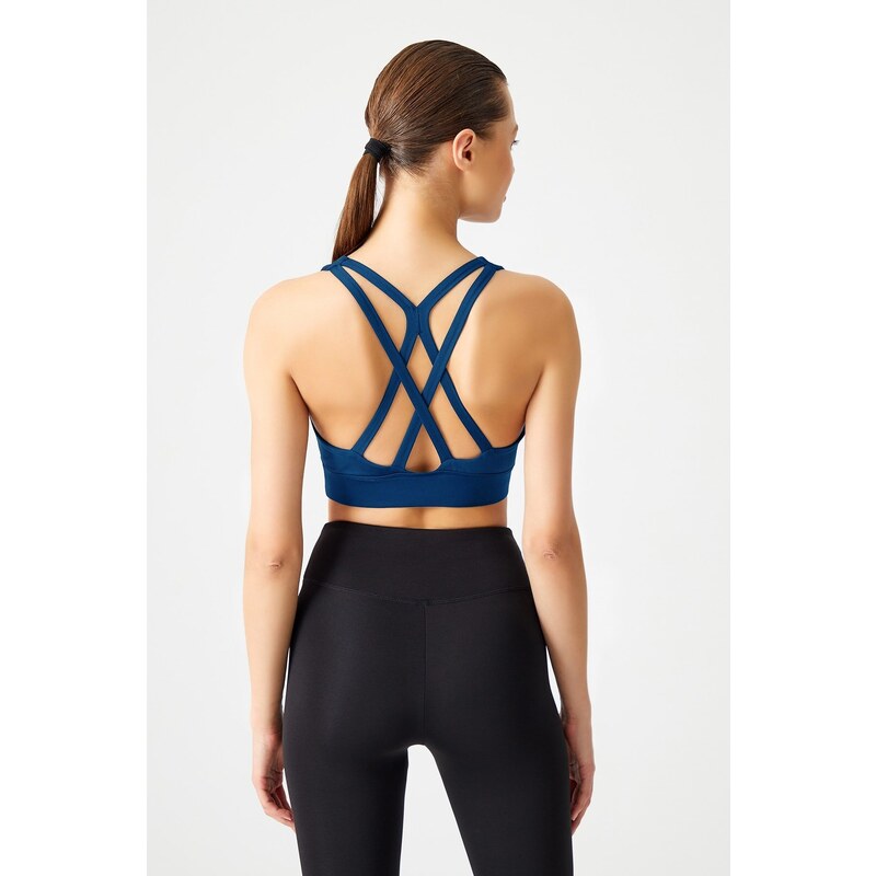 LOS OJOS Navy Blue Supported Back Detailed Covered Sports Bra