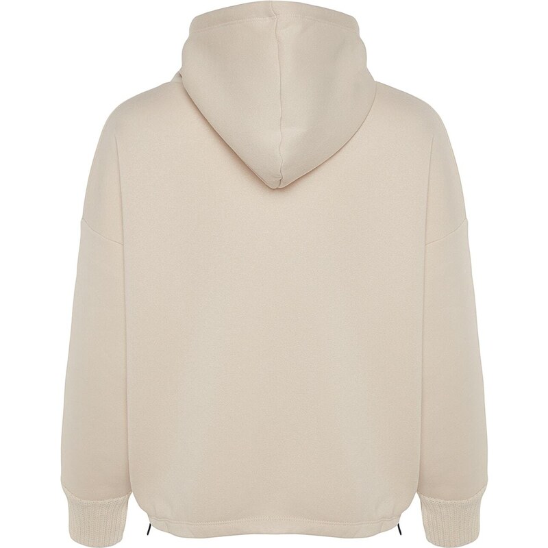 Trendyol Stone Thick Knitted Sweatshirt with Fleece Inside, Tricot Tape Detailed Hoodie