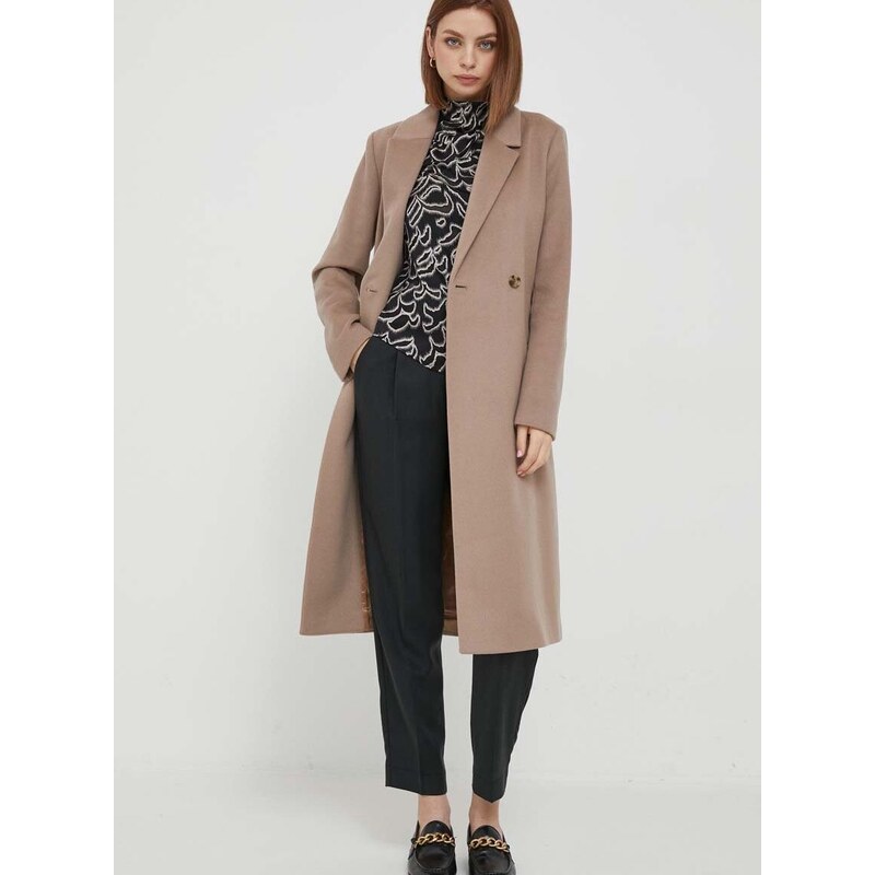 Vlněný kabát Calvin Klein béžová barva, přechodný, dvouřadový