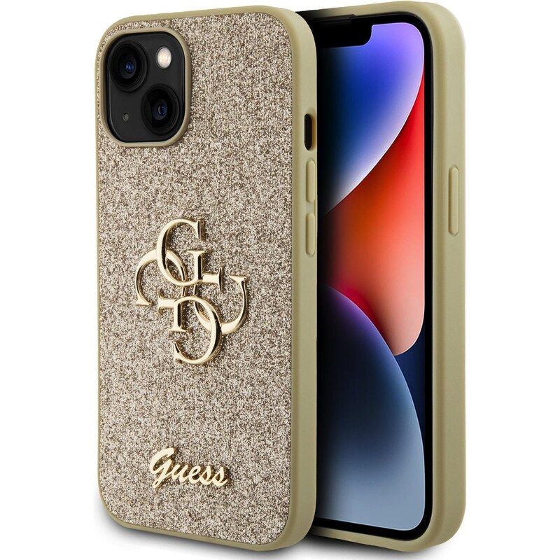 Ochranný kryt na iPhone 15 - Guess, Fixed Glitter 4G Metal Logo Gold