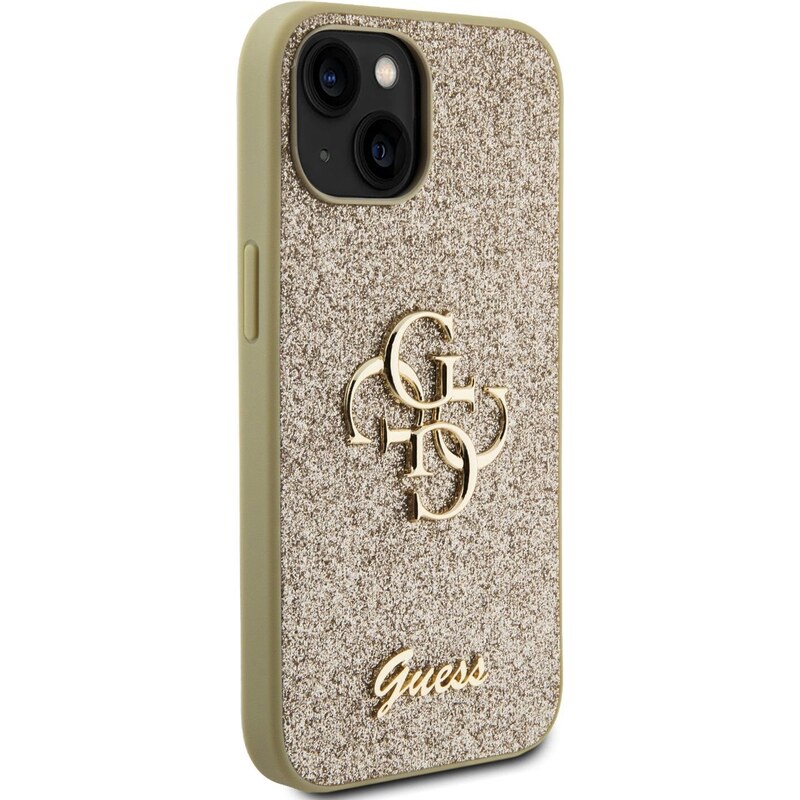 Ochranný kryt na iPhone 15 - Guess, Fixed Glitter 4G Metal Logo Gold