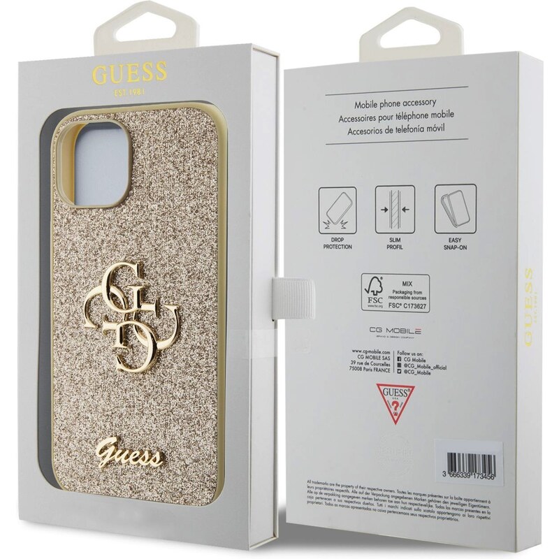 Ochranný kryt na iPhone 15 - Guess, Fixed Glitter 4G Metal Logo Gold