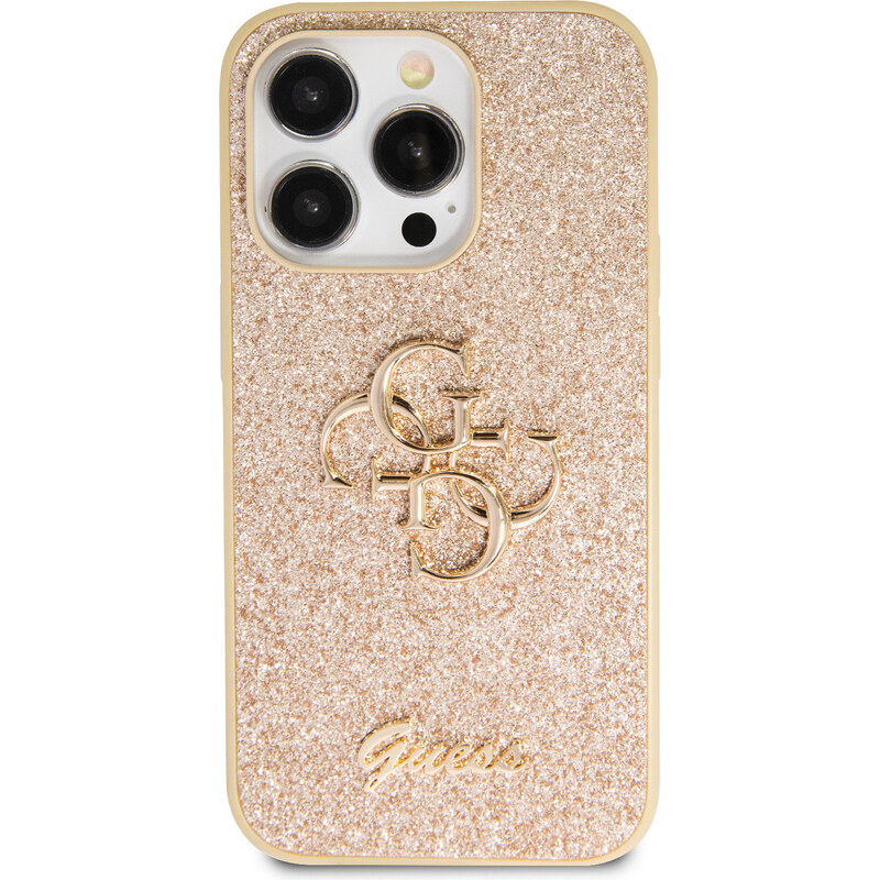 Ochranný kryt na iPhone 15 Pro MAX - Guess, Fixed Glitter 4G Metal Logo Gold