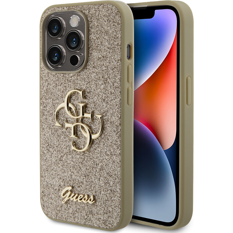 Ochranný kryt na iPhone 15 Pro - Guess, Fixed Glitter 4G Metal Logo Gold