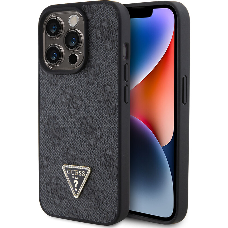 Ochranný kryt na iPhone 15 Pro - Guess, 4G Strass Triangle Metal Logo Black