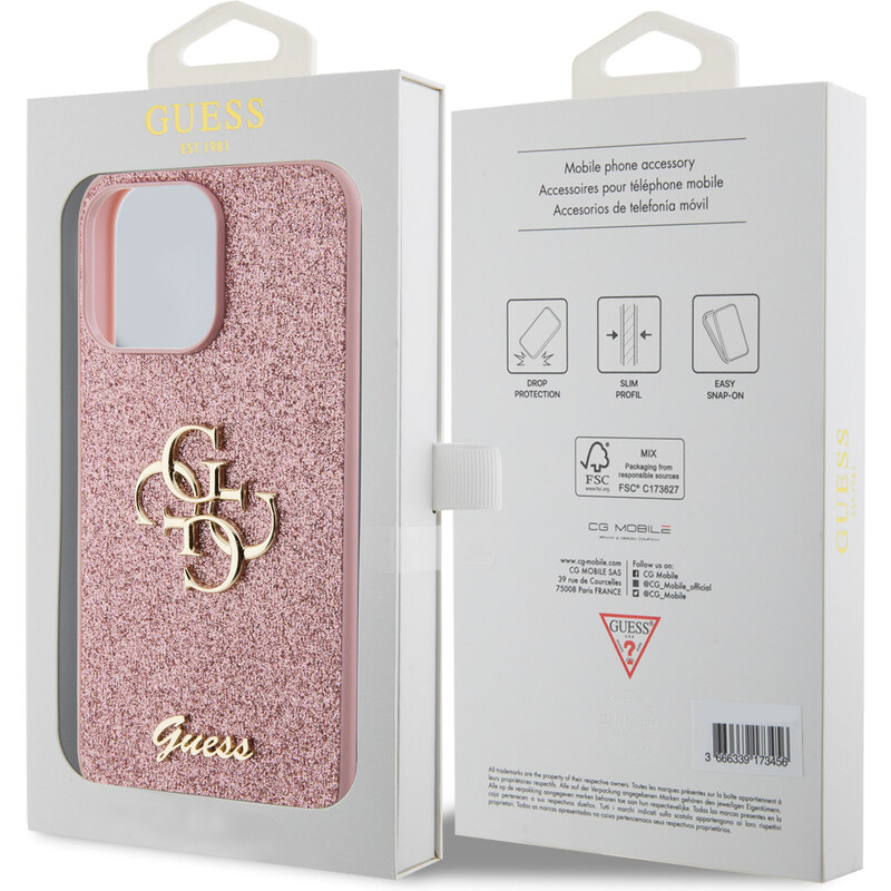 Ochranný kryt na iPhone 15 Pro MAX - Guess, Fixed Glitter 4G Metal Logo Pink