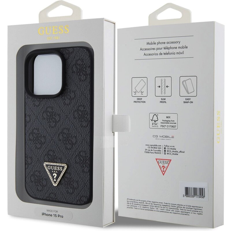 Ochranný kryt na iPhone 15 Pro - Guess, 4G Strass Triangle Metal Logo Black