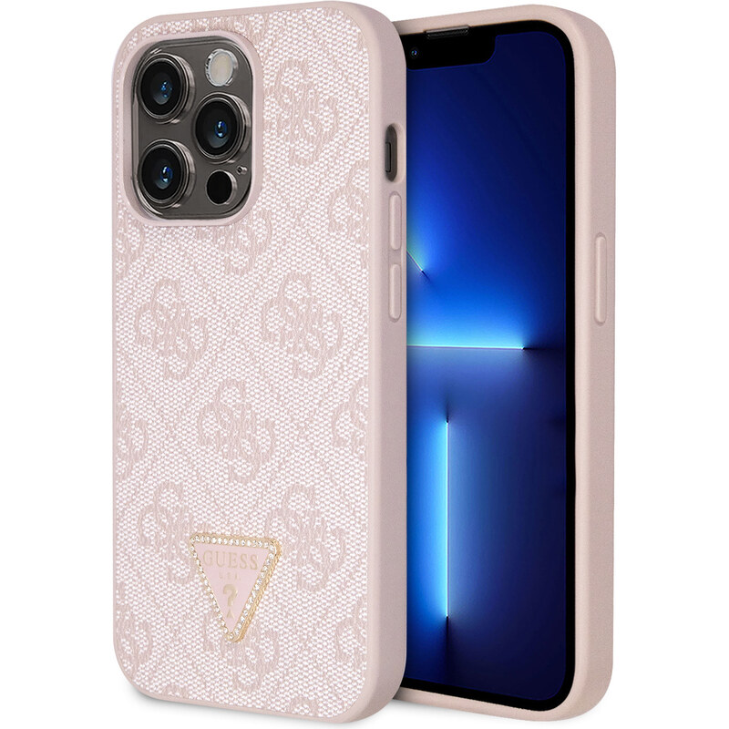 Ochranný kryt na iPhone 15 Pro - Guess, 4G Strass Triangle Metal Logo Pink